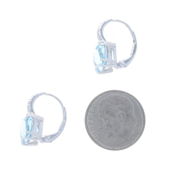 White Gold Blue Topaz Diamond Drop Earrings 18k Buff Top Cushion 5.08ctw Pierced - Picture 3 of 4